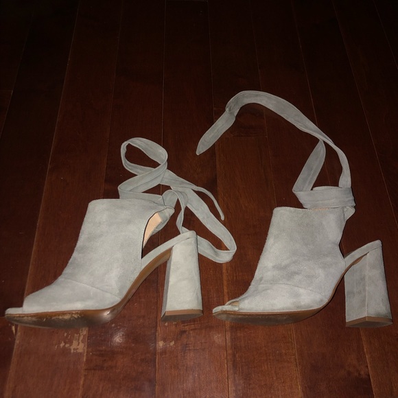 Women's Suede Block Heel Sandals - Gray Blue Lace Up - Picture 6 of 7